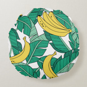 Cojín Redondo Hojas de plátano: Patrón blanco de cosecha.