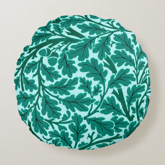 Cojín Redondo Hojas de roble William Morris, turquesa y Aqua (Anverso)