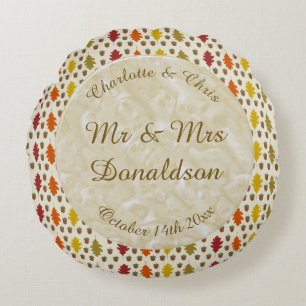 Cojín Redondo Hojas de roble y maíz Personalizado Boda otoño