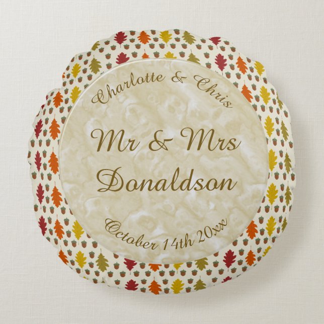 Cojín Redondo Hojas de roble y maíz Personalizado Boda otoño (Anverso)