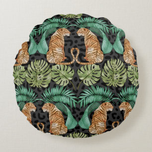 Cojín Redondo Hojas de tigres: la jungla acuarela sin foco.