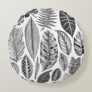 Cojín Redondo Hojas exóticas, blanco y negro floral vintage.