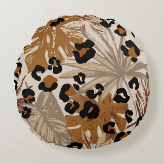 Cojín Redondo Hojas tropicales abstractas y camuflado de leopard