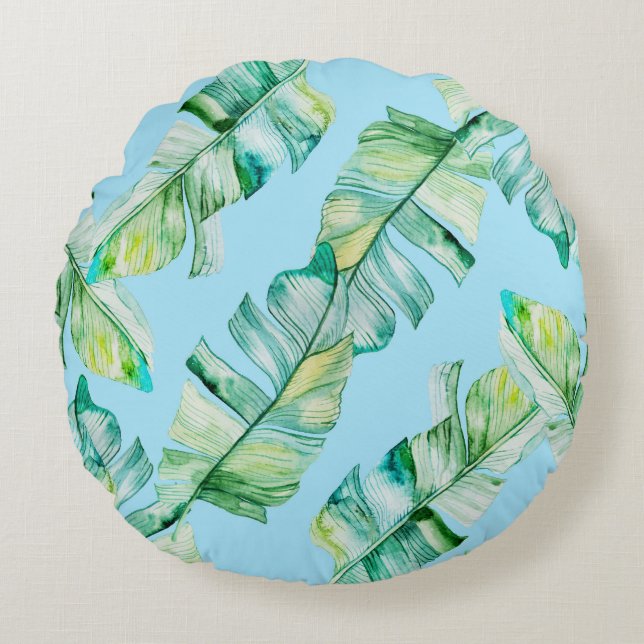 Cojín Redondo Hojas tropicales acuarelas, ilustracion sin costur (Anverso)