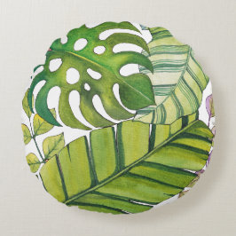 Cojín Redondo Hojas tropicales cortas en acuarela