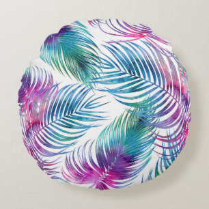 Cojín Redondo Hojas tropicales de palma, acuarela floral.