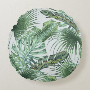 Cojín Redondo Hojas tropicales de palma, monstera, hoja de pláta