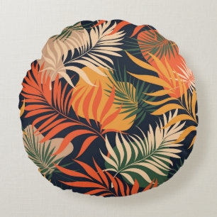 Cojín Redondo Hojas tropicales de palmeras: sin foco vintage