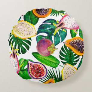 Cojín Redondo Hojas tropicales, frutas, gouache sin costura.