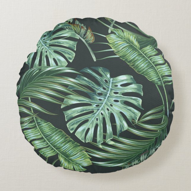 Cojín Redondo Hojas tropicales, monstera, hoja de plátano, folia (Anverso)