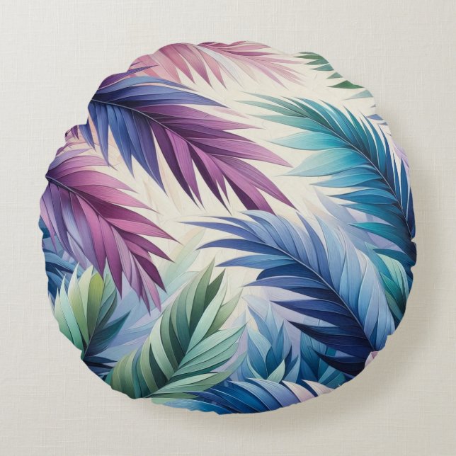 Cojín Redondo Hojas tropicales Verde azuladas de púrpura azul (Anverso)