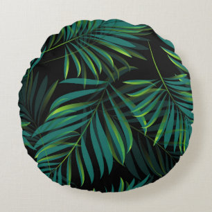 Cojín Redondo Hojas tropicales verdes de palma. Gráfico de patro