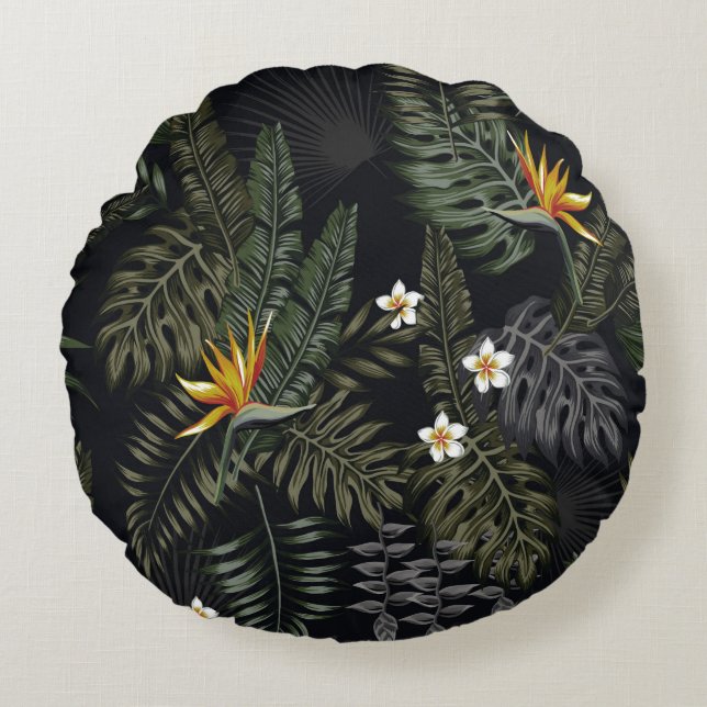 Cojín Redondo Hojas tropicales y flores de estilo nocturno. Se (Anverso)