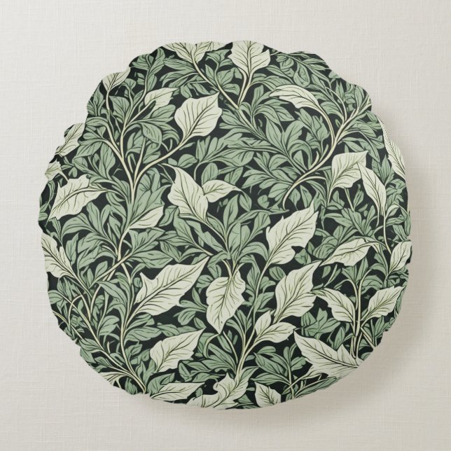 Cojín Redondo Hojas verdes botánicas intrincadas (Anverso)