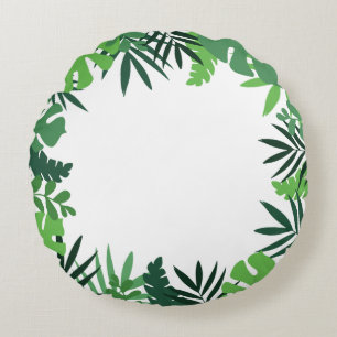 Cojín Redondo Hojas verdes de palmera floridas, bosque tropical
