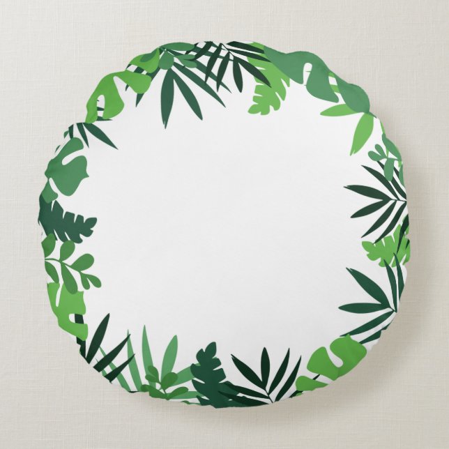 Cojín Redondo Hojas verdes de palmera floridas, bosque tropical  (Anverso)