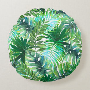 Cojín Redondo Hojas verdes tropicales, acuarela sin foco.