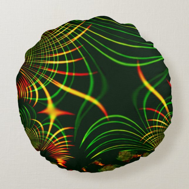 Cojín Redondo Hojas verdes virtuales, curvas amarillas "de color (Reverso)