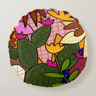 Cojín Redondo Hojas y flores tropicales abstractas