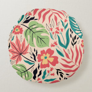 Cojín Redondo Hojas y flores tropicales: Fusión vintage