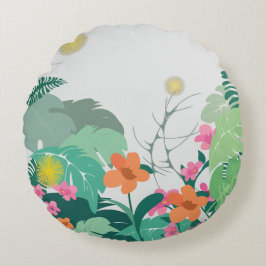 Cojín Redondo Hojas y Flores Tropicales Pastel