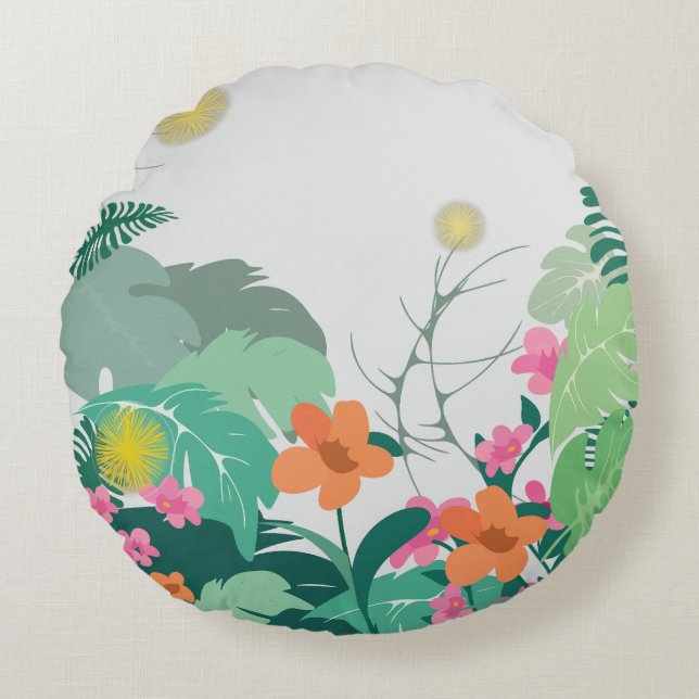 Cojín Redondo Hojas y Flores Tropicales Pastel (Anverso)