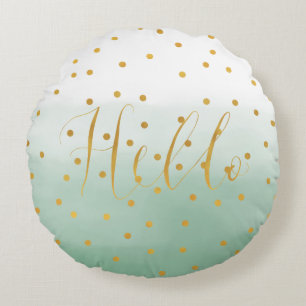Cojín Redondo Hola con confeti dorado y acuarela menta