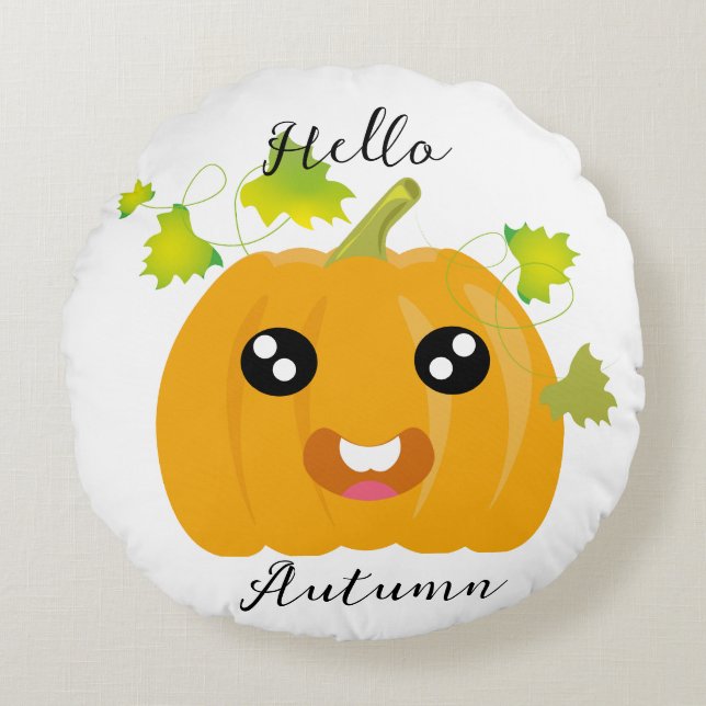 Cojín Redondo Hola Otoño - Calabaza Cute (Anverso)