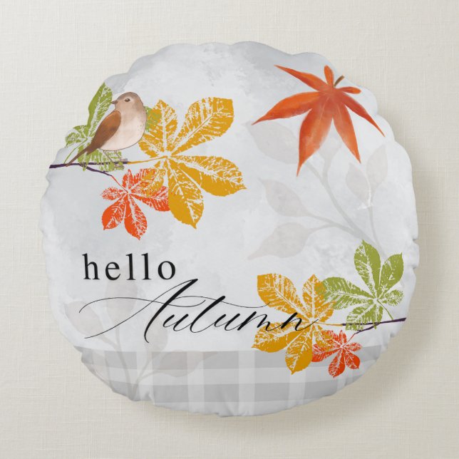Cojín Redondo Hola otoño con hojas de aves y caídas (Anverso)