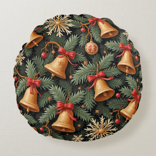 Cojín Redondo Holiday Bells, Decorative Christmas Pattern, (Anverso)