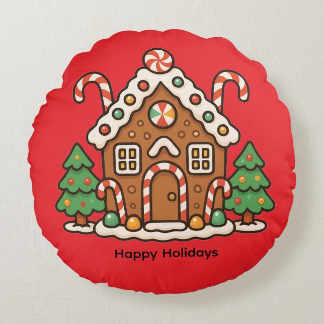 Cojín Redondo Holiday Gingerbread House (Anverso)