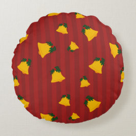 Cojín Redondo Holiday Red Gold Stripe Bells Christmas