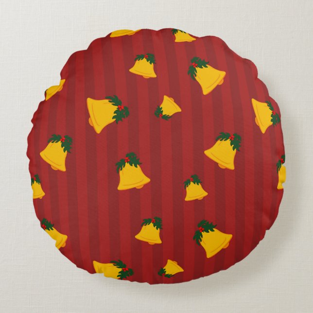 Cojín Redondo Holiday Red Gold Stripe Bells Christmas (Anverso)