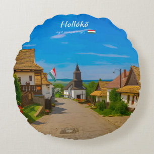 Cojín Redondo Hollókő, Hungría - Calle del Pueblo Histórico
