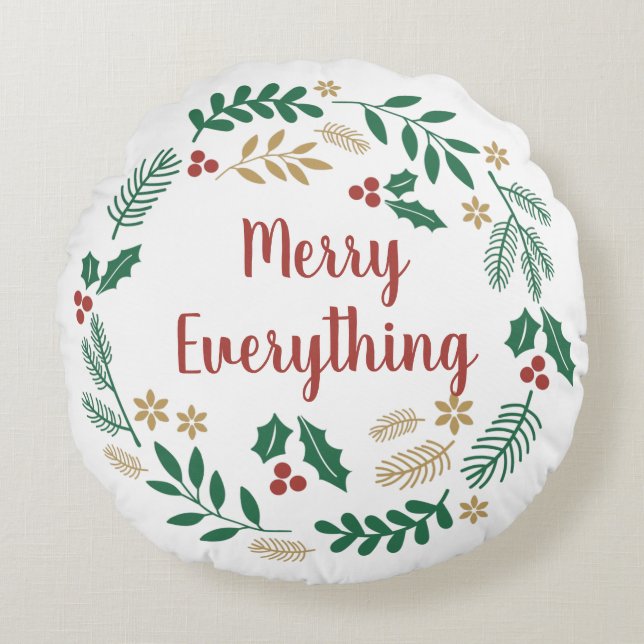 Cojín Redondo Holly Berry Pine Wreath Merry Everything Photo The (Anverso)