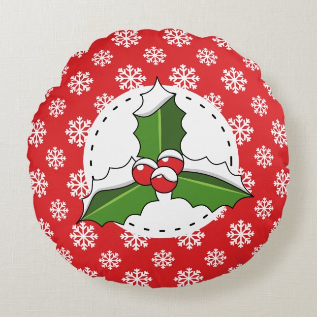 Cojín Redondo Holly Berry sobre el patrón de copos de nieve blan (Anverso)