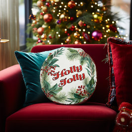Cojín Redondo "Holly Jolly" Navidades decorativos Script & Holly