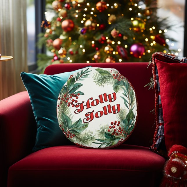 Cojín Redondo "Holly Jolly" Navidades decorativos Script & Holly (Festive Merry Christmas "Holly Jolly" Round Christmas Script Pouf Pillow
)