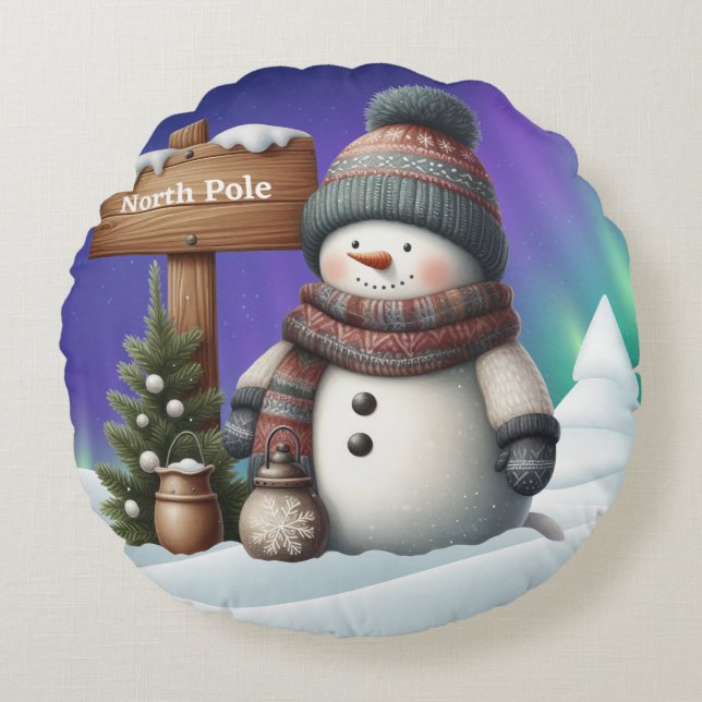 Cojín Redondo Hombre de nieve blanco en el Polo Norte con luces  (Anverso)