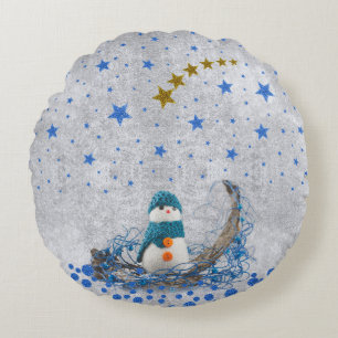Cojín Redondo Hombre de nieve con brillantes estrellas azules