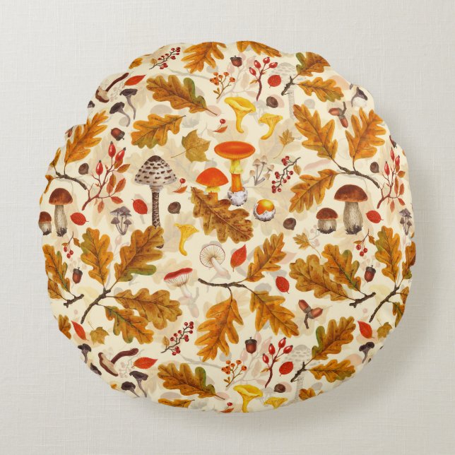 Cojín Redondo Hongos forestales y flora otoñal en crema (Anverso)