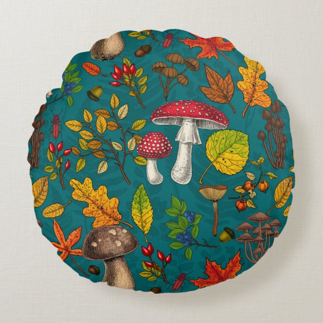 Cojín Redondo Hongos, hojas, nueces y bayas otoñales en azul (Anverso)