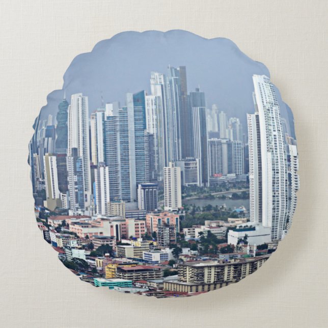 Cojín Redondo Horizonte de ciudad de Panamá (Anverso)