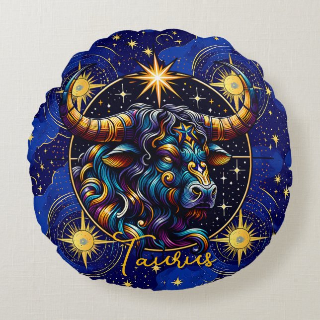 Cojín Redondo Horoscopio Rótulo Taurus Zodiac Astrología (Anverso)