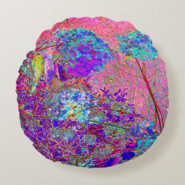 Cojín Redondo Hortensia abstracta púrpura y azul con magenta