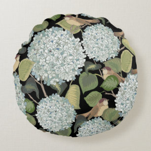 Cojín Redondo Hortensia azul blanco claro con hojas verdes y