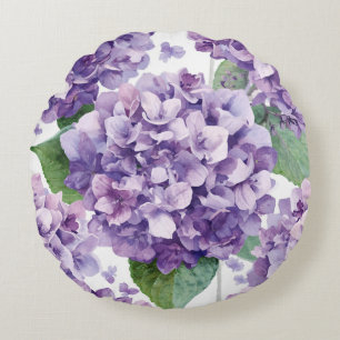 Cojín Redondo Hortensia Morada Floral Acuarela Flor Lavanda Flor