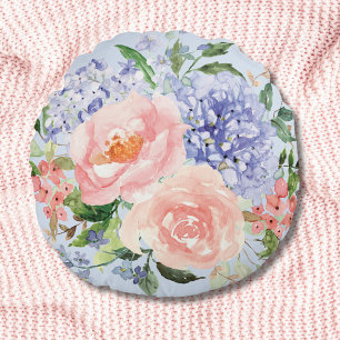 Cojín Redondo Hortensia Peonía Floral Primavera Azul Rosa Acuare