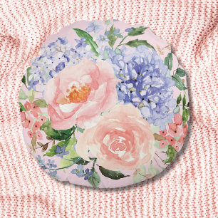 Cojín Redondo Hortensia Peonía Floral Primaveral Acuarela Azul R
