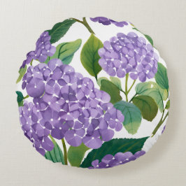 Cojín Redondo Hortensia Púrpura Acuarela Floral Costera